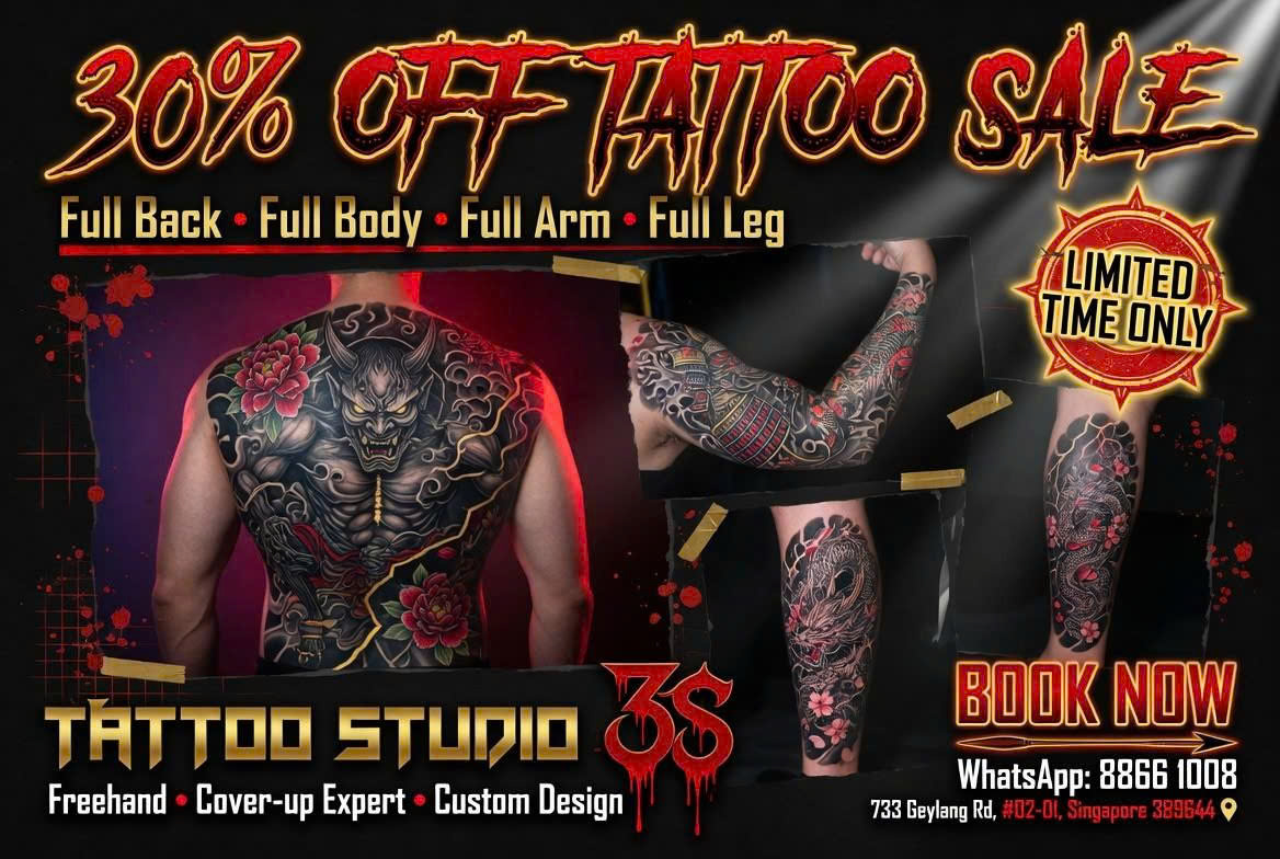 Tattoo Studio 3S 30% Promotion – Full Leg Tattoo Cover Up Singapore