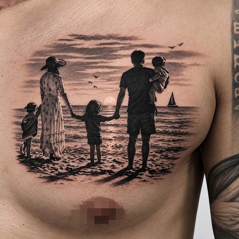 Black and gray tattoo featuring smooth shading, strong contrast, and detailed ink work.